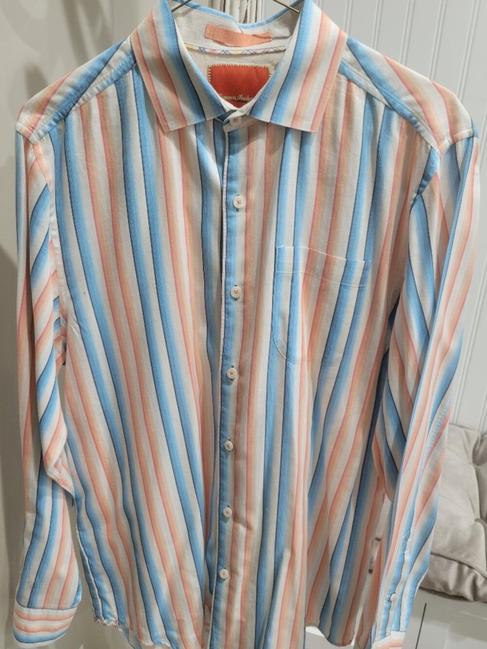 Mens Tommy Bahama Island Modern Fit Shirt Small Blue Orange Stripes Long Sleeves